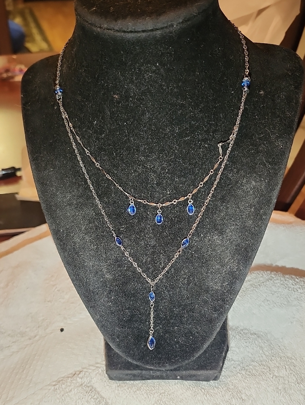 Double-Layer Silver Necklace with Sapphire-Blue Teardrops - Women's Jewelry